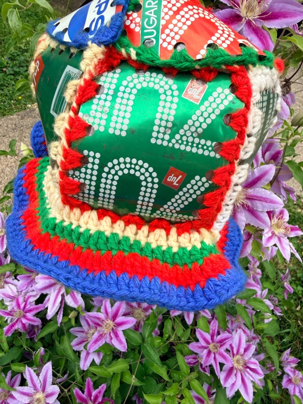Upcycled Crochet Can Hat with 7UP & Pepsi Panel made by Grandma 70’s